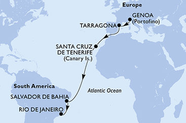Taliansko, Tarragona, Španielsko, Brazília z Janova na lodi MSC Divina