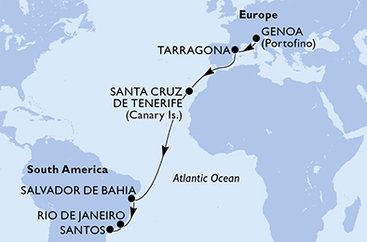 Taliansko, Tarragona, Španielsko, Brazília z Janova na lodi MSC Divina