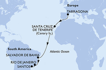 Tarragona, Španielsko, Brazília z Tarragony na lodi MSC Divina