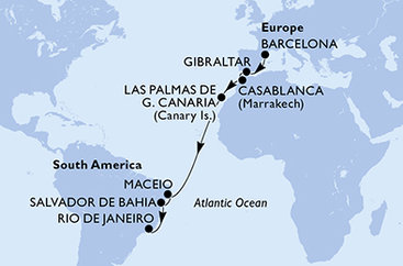 Španielsko, Gibraltár, Maroko, Brazília z Barcelony na lodi MSC Splendida