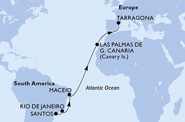 Brazília, Španielsko, Tarragona zo Santosu na lodi MSC Musica