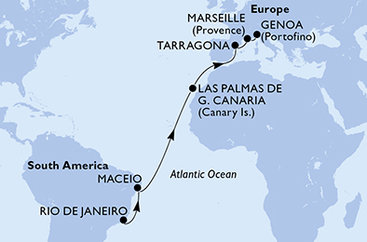 Brazília, Španielsko, Tarragona, Francúzsko, Taliansko z Rio de Janeira na lodi MSC Musica
