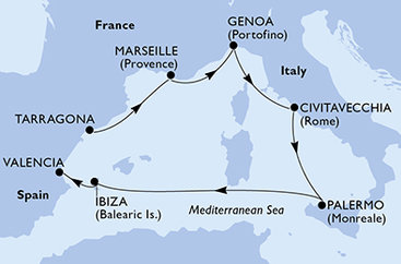 Tarragona, Francúzsko, Taliansko, Španielsko z Tarragony na lodi MSC Musica