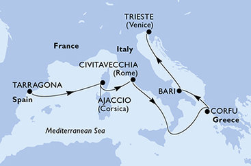 Tarragona, Francúzsko, Taliansko, Grécko z Tarragony na lodi MSC Splendida