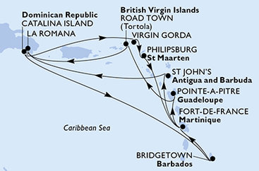 Dominikánska republika, Barbados, Martinik, Guadeloupe, Britské Panenské ostrovy, Veľká Británia, Svatý Martin, Antigua a Barbuda z La Romany na lodi MSC Opera