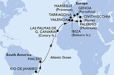 Brazília, Španielsko, Tarragona, Francúzsko, Taliansko z Rio de Janeira na lodi MSC Musica
