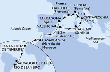 Španielsko, Taliansko, Francúzsko, Tarragona, Maroko, Brazília z Valencie na lodi MSC Musica