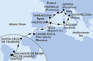 Španielsko, Taliansko, Francúzsko, Tarragona, Maroko, Brazília z Valencie na lodi MSC Musica