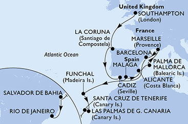 Veľká Británia, Španielsko, Francúzsko, Portugalsko, Brazília zo Southamptonu na lodi MSC Virtuosa