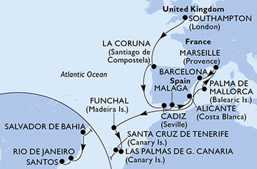 Veľká Británia, Španielsko, Francúzsko, Portugalsko, Brazília zo Southamptonu na lodi MSC Virtuosa