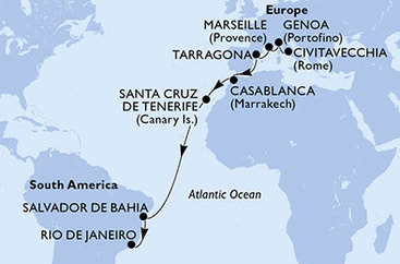 Taliansko, Francúzsko, Tarragona, Maroko, Španielsko, Brazília z Civitavechie na lodi MSC Musica