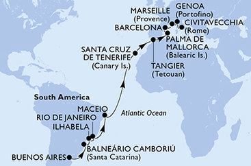 Argentína, Brazília, Španielsko, Maroko, Francúzsko, Taliansko z Buenos Aires na lodi MSC Fantasia