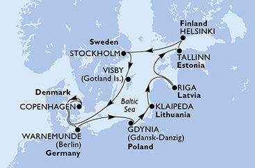 Nemecko, Poľsko, Litva, Lotyšsko, Estónsko, Fínsko, Švédsko, Dánsko z Warnemünde na lodi MSC Magnifica