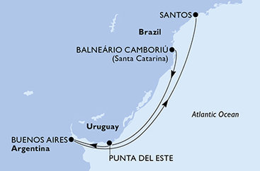 Brazília, Uruguaj, Argentína z Camboriu na lodi MSC Divina
