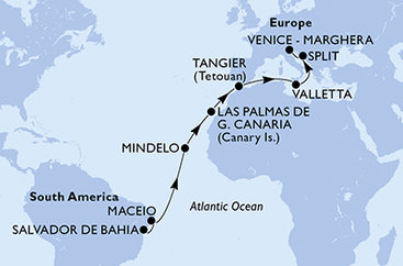 Brazília, Kapverdy, Španielsko, Maroko, Malta, Chorvátsko, Taliansko zo Salvadoru na lodi MSC Lirica