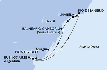Uruguaj, Argentína, Brazília z Montevidea na lodi MSC Splendida