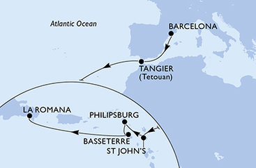 Španielsko, Maroko, Antigua a Barbuda, Svatý Martin, Svätý Krištof a Nevis, Dominikánska republika z Barcelony na lodi MSC Opera