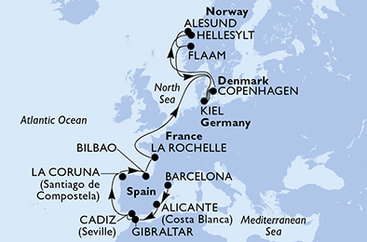 Španielsko, Gibraltár, Francie, Nemecko, Dánsko, Nórsko z Barcelony na lodi MSC Euribia