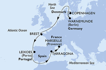 Dánsko, Nemecko, Francie, Portugalsko, Tarragona, Francúzsko z Kodaně na lodi MSC Magnifica