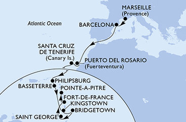 Francúzsko, Španielsko, Svatý Martin, Svätý Krištof a Nevis, Svätý Vincent a Grenadiny, Barbados, Grenada, Martinik, Guadeloupe z Marseille na lodi MSC Seaview
