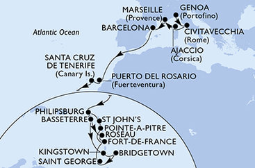 Taliansko, Francúzsko, Španielsko, Svatý Martin, Svätý Krištof a Nevis, Svätý Vincent a Grenadiny, Barbados, Grenada, Martinik, Guadeloupe, Antigua a Barbuda, Dominika z Janova na lodi MSC Seaview