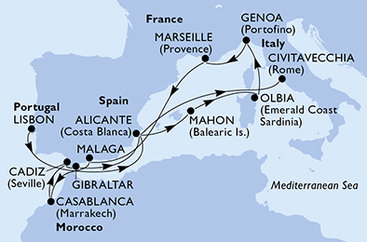 Portugalsko, Španielsko, Taliansko, Francúzsko, Maroko, Gibraltár z Lisabonu na lodi MSC Sinfonia