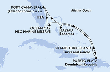 USA, Bahamy, Veľká Británia, Dominikánska republika z Port Canaveralu na lodi MSC World Atlantic
