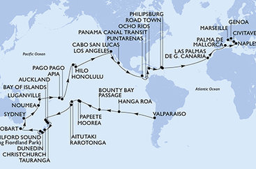Chile, Zámořské území Velké Británie, Francouzská Polynésie, Cookovy ostrovy, Nový Zéland, Austrália, Nová Kaledonie, Vanuatu, Samoa, Americká Samoa, USA, Mexiko, Kostarika, Panama, Jamajka, Britské Panenské ostrovy, Svatý Martin, Španielsko, Taliansko, Francúzsko z Valparaisa na lodi MSC Magnifica