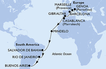 Taliansko, Francúzsko, Španielsko, Gibraltár, Maroko, Kapverdy, Brazília, Argentína z Janova na lodi MSC Magnifica
