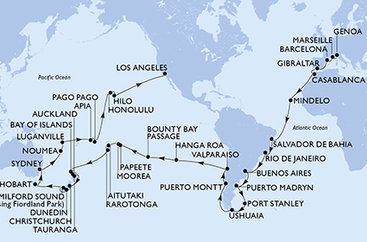 Taliansko, Francúzsko, Španielsko, Gibraltár, Maroko, Kapverdy, Brazília, Argentína, Zámořské území Velké Británie, Chile, Francouzská Polynésie, Cookovy ostrovy, Nový Zéland, Austrália, Nová Kaledonie, Vanuatu, Samoa, Americká Samoa, USA z Janova na lodi MSC Magnifica