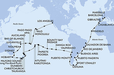 Francúzsko, Španielsko, Gibraltár, Maroko, Kapverdy, Brazília, Argentína, Zámořské území Velké Británie, Chile, Francouzská Polynésie, Cookovy ostrovy, Nový Zéland, Austrália, Nová Kaledonie, Vanuatu, Samoa, Americká Samoa, USA z Marseille na lodi MSC Magnifica