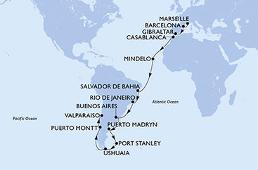 Francúzsko, Španielsko, Gibraltár, Maroko, Kapverdy, Brazília, Argentína, Zámořské území Velké Británie, Chile z Marseille na lodi MSC Magnifica