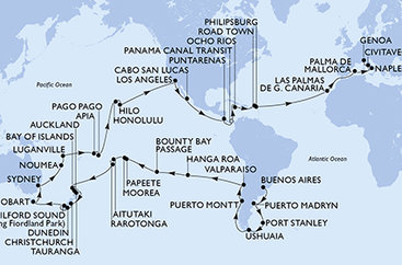 Argentína, Zámořské území Velké Británie, Chile, Francouzská Polynésie, Cookovy ostrovy, Nový Zéland, Austrália, Nová Kaledonie, Vanuatu, Samoa, Americká Samoa, USA, Mexiko, Kostarika, Panama, Jamajka, Britské Panenské ostrovy, Svatý Martin, Španielsko, Taliansko z Buenos Aires na lodi MSC Magnifica