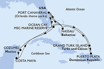 USA, Bahamy, Veľká Británia, Dominikánska republika, Mexiko z Port Canaveralu na lodi MSC World Atlantic