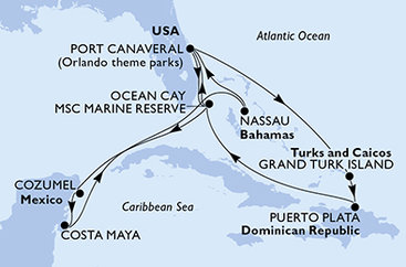 USA, Bahamy, Mexiko, Veľká Británia, Dominikánska republika z Port Canaveralu na lodi MSC World Atlantic