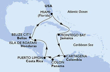 USA, Jamajka, Kolumbia, Panama, Kostarika, Honduras, Belize z Miami na lodi MSC Poesia