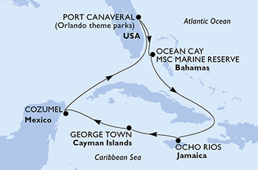 USA, Bahamy, Jamajka, Kajmanské ostrovy, Mexiko z Port Canaveralu na lodi MSC Grandiosa