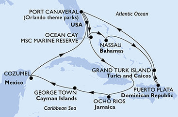 USA, Bahamy, Dominikánska republika, Veľká Británia, Jamajka, Kajmanské ostrovy, Mexiko z Port Canaveralu na lodi MSC Grandiosa