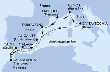Francúzsko, Tarragona, Španielsko, Maroko, Taliansko z Marseille na lodi MSC Magnifica