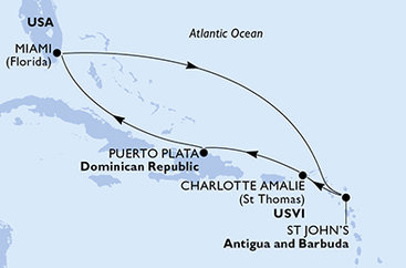 USA, Antigua a Barbuda, Dominikánska republika z Miami na lodi MSC Seashore