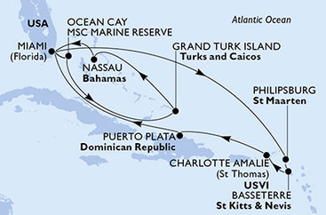 USA, Bahamy, Veľká Británia, Svatý Martin, Svätý Krištof a Nevis, Dominikánska republika z Miami na lodi MSC Seashore