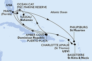 USA, Bahamy, Svatý Martin, Svätý Krištof a Nevis, Dominikánska republika z Miami na lodi MSC Seashore