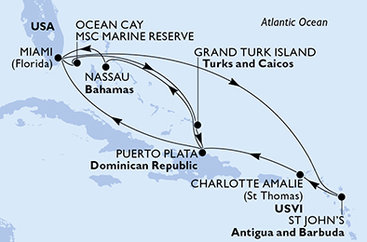 USA, Bahamy, Veľká Británia, Dominikánska republika, Antigua a Barbuda z Miami na lodi MSC Seashore