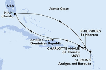 USA, Svatý Martin, Antigua a Barbuda, Dominikánska republika z Miami na lodi MSC Seashore