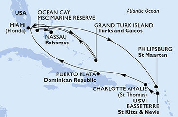 USA, Veľká Británia, Bahamy, Svatý Martin, Svätý Krištof a Nevis, Dominikánska republika z Miami na lodi MSC Seashore