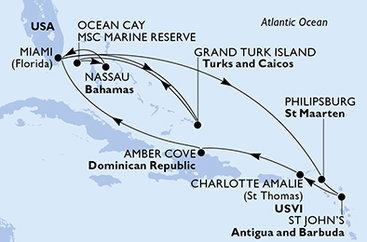 USA, Svatý Martin, Antigua a Barbuda, Dominikánska republika, Veľká Británia, Bahamy z Miami na lodi MSC Seashore