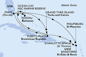 USA, Svatý Martin, Svätý Krištof a Nevis, Dominikánska republika, Veľká Británia, Bahamy z Miami na lodi MSC Seashore