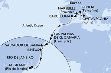 Taliansko, Francúzsko, Španielsko, Brazília z Civitavechie na lodi MSC Divina
