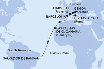 Taliansko, Francúzsko, Španielsko, Brazília z Civitavechie na lodi MSC Divina