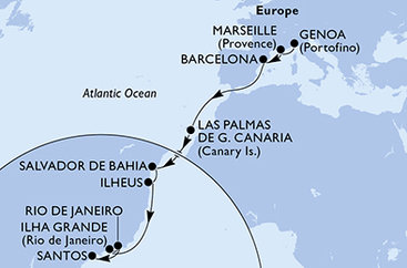 Taliansko, Francúzsko, Španielsko, Brazília z Janova na lodi MSC Divina